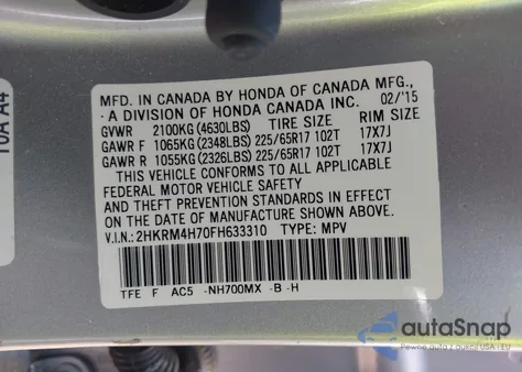 2015 Honda Cr-V Ex-L из США, поврежденный, VIN 2HKRM4H70FH633310